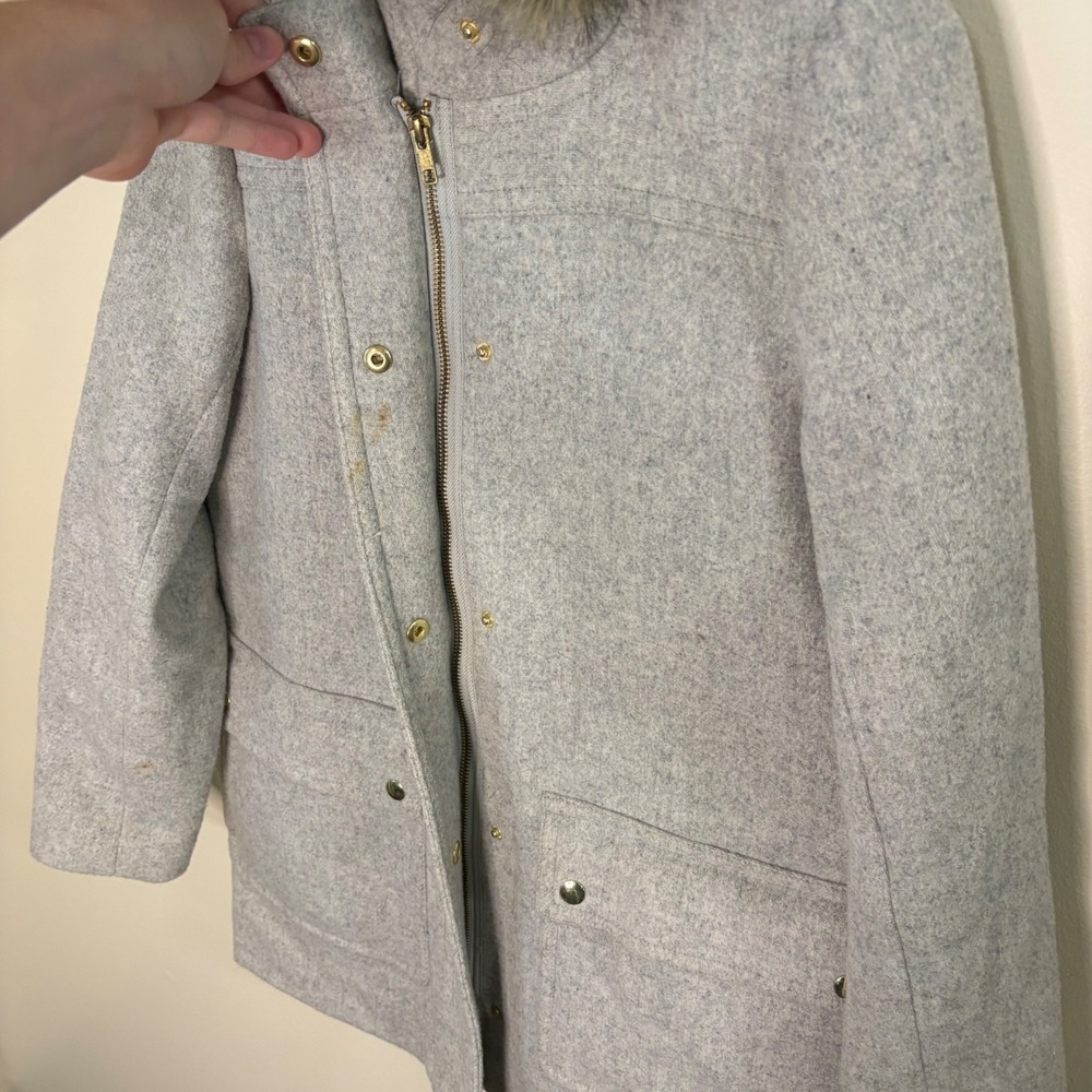 J.Crew Parka Coat Womens 2 Grey Faux Fur Hood Wool Blend Winter Jacket - Picture 3 of 5